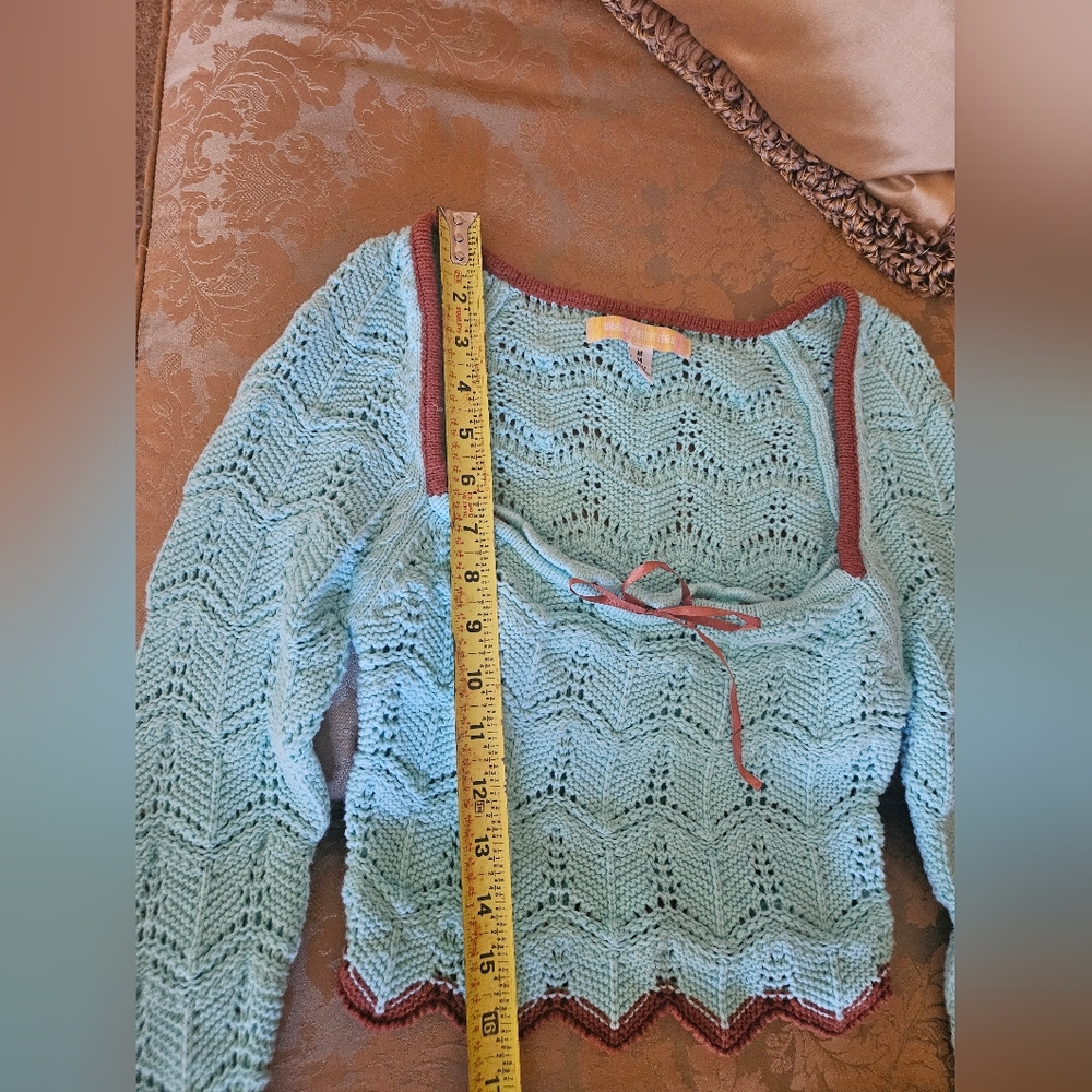NWOT Urban Outfitters Aqua Open-Knit Sweater with Brown Trim - Picture 13 of 17